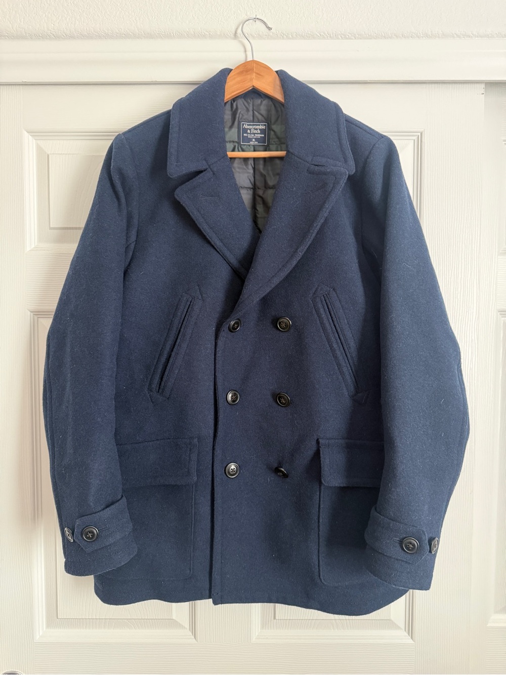 Abercrombie & Fitch Navy Tartan Double-Breasted Wool Peacoat